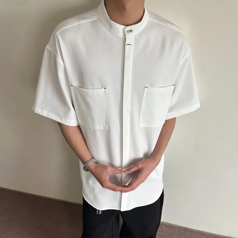 PAINT STAIN New Chinese Style Stand Collar Ice Silk Fabric Short Sleeved Shirt Unisex-8