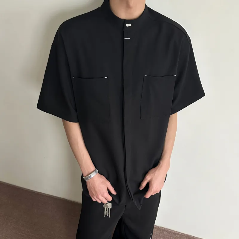 PAINT STAIN New Chinese Style Stand Collar Ice Silk Fabric Short Sleeved Shirt Unisex-22