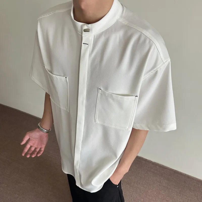 PAINT STAIN New Chinese Style Stand Collar Ice Silk Fabric Short Sleeved Shirt Unisex-11
