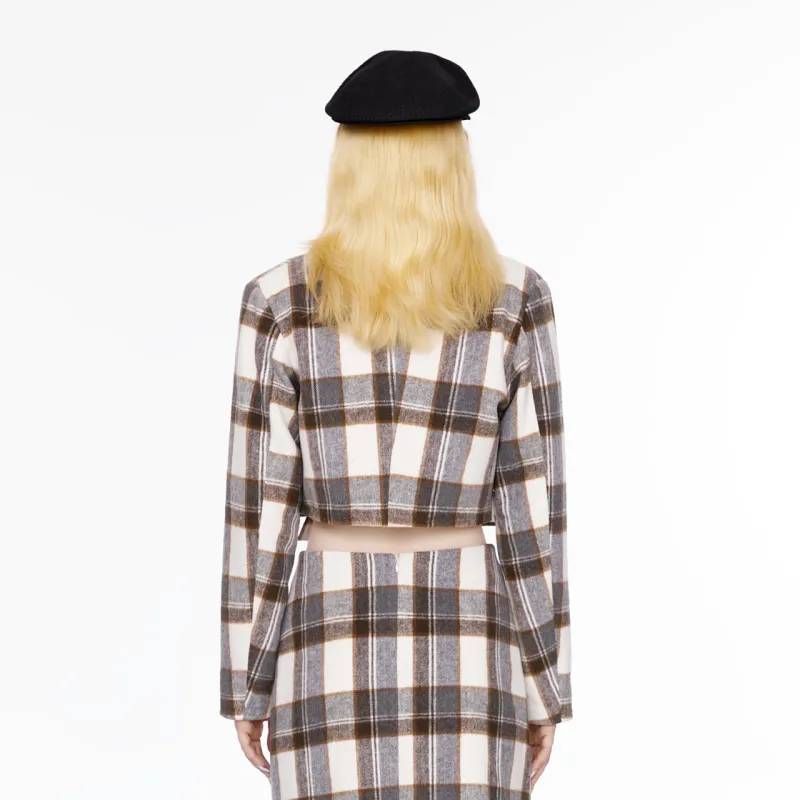 Guuka Hero Cropped Coats Women's Gray Plaid-2