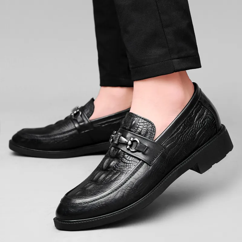 DILIKAN Hidden Wedge Men's Shoes 5 Cm Crocodile Pattern Slip-on Leather Shoes For Men Men's Black-6
