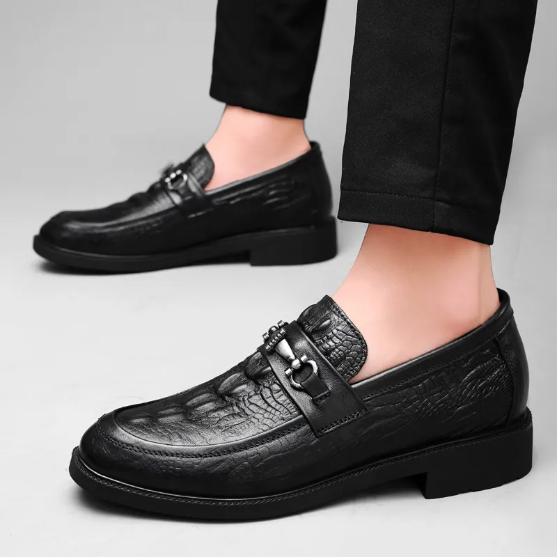 DILIKAN Hidden Wedge Men's Shoes 5 Cm Crocodile Pattern Slip-on Leather Shoes For Men Men's Black-5