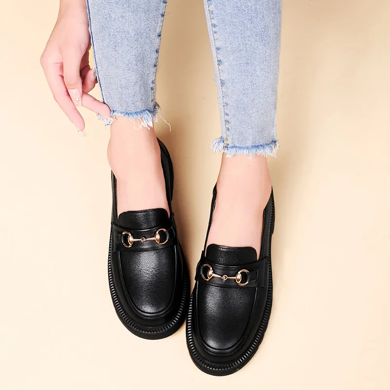 DILIKAN Women's Casual Leather Shoes Loafers Platform Women's Black-9