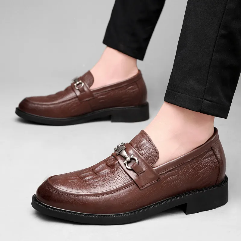 DILIKAN Hidden Wedge Men's Shoes 5 Cm Crocodile Pattern Slip-on Leather Shoes For Men Men's Black-19