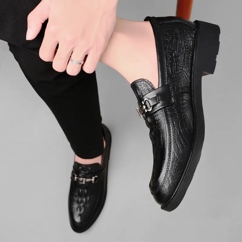 DILIKAN Hidden Wedge Men's Shoes 5 Cm Crocodile Pattern Slip-on Leather Shoes For Men Men's Black-7