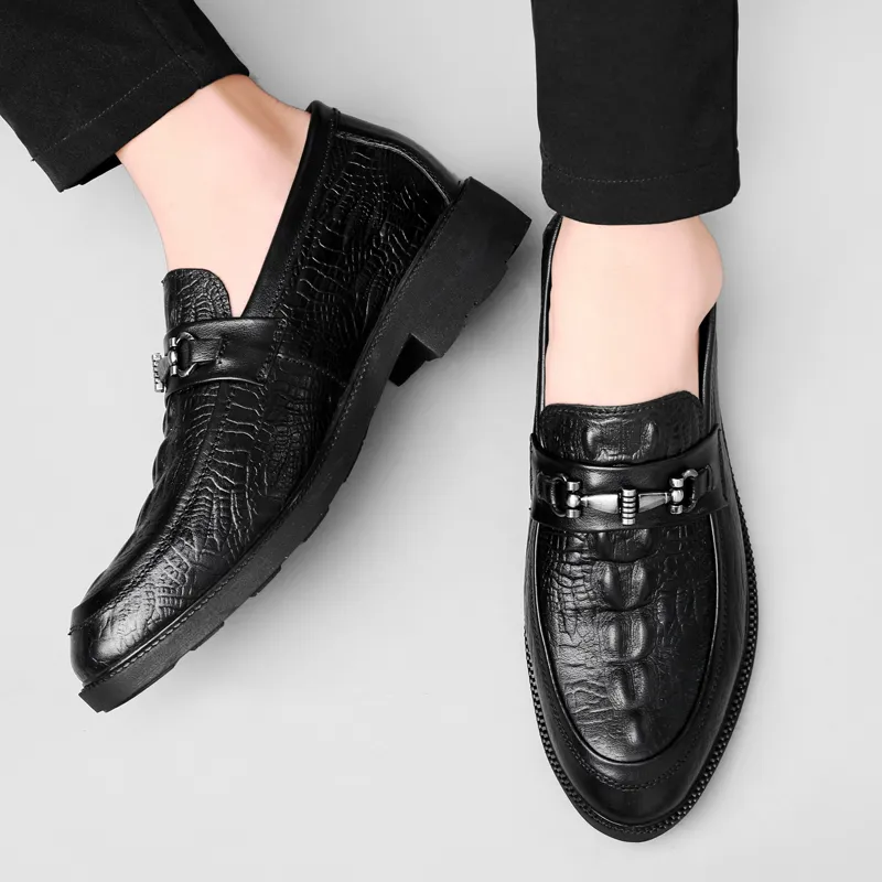DILIKAN Hidden Wedge Men's Shoes 5 Cm Crocodile Pattern Slip-on Leather Shoes For Men Men's Black-11
