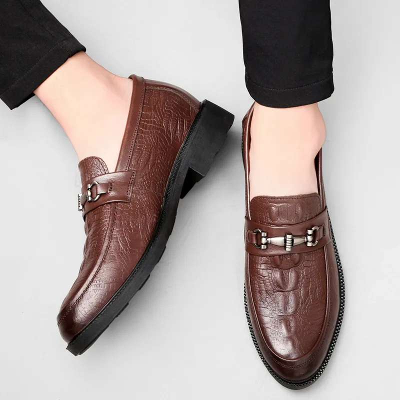 DILIKAN Hidden Wedge Men's Shoes 5 Cm Crocodile Pattern Slip-on Leather Shoes For Men Men's Black-21