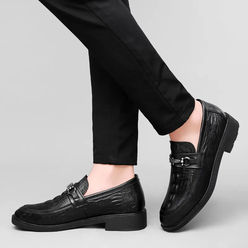 DILIKAN Hidden Wedge Men's Shoes 5 Cm Crocodile Pattern Slip-on Leather Shoes For Men Men's Black-10