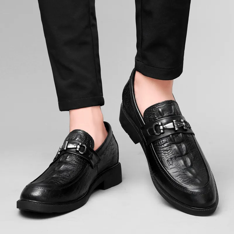 DILIKAN Hidden Wedge Men's Shoes 5 Cm Crocodile Pattern Slip-on Leather Shoes For Men Men's Black-9
