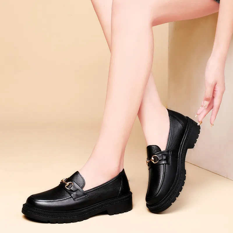DILIKAN Women's Casual Leather Shoes Loafers Platform Women's Black-7