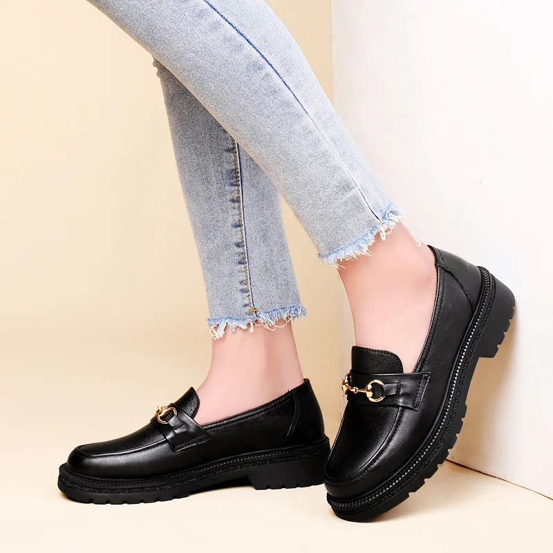 DILIKAN Women's Casual Leather Shoes Loafers Platform Women's Black-14