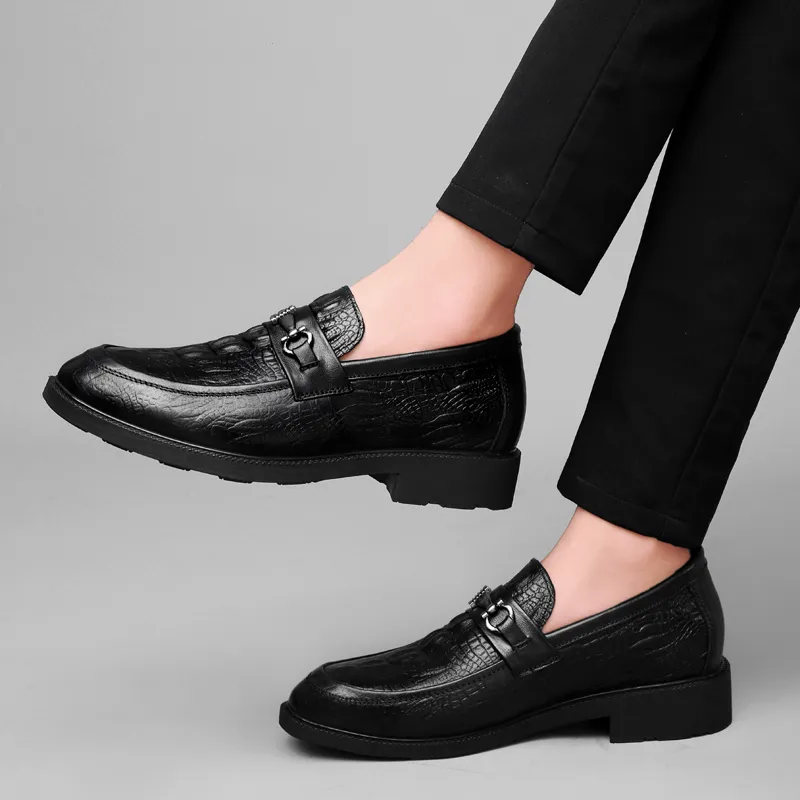 DILIKAN Hidden Wedge Men's Shoes 5 Cm Crocodile Pattern Slip-on Leather Shoes For Men Men's Black-8
