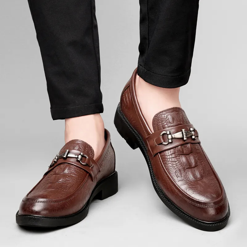 DILIKAN Hidden Wedge Men's Shoes 5 Cm Crocodile Pattern Slip-on Leather Shoes For Men Men's Black-20