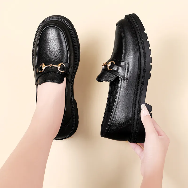 DILIKAN Women's Casual Leather Shoes Loafers Platform Women's Black-10