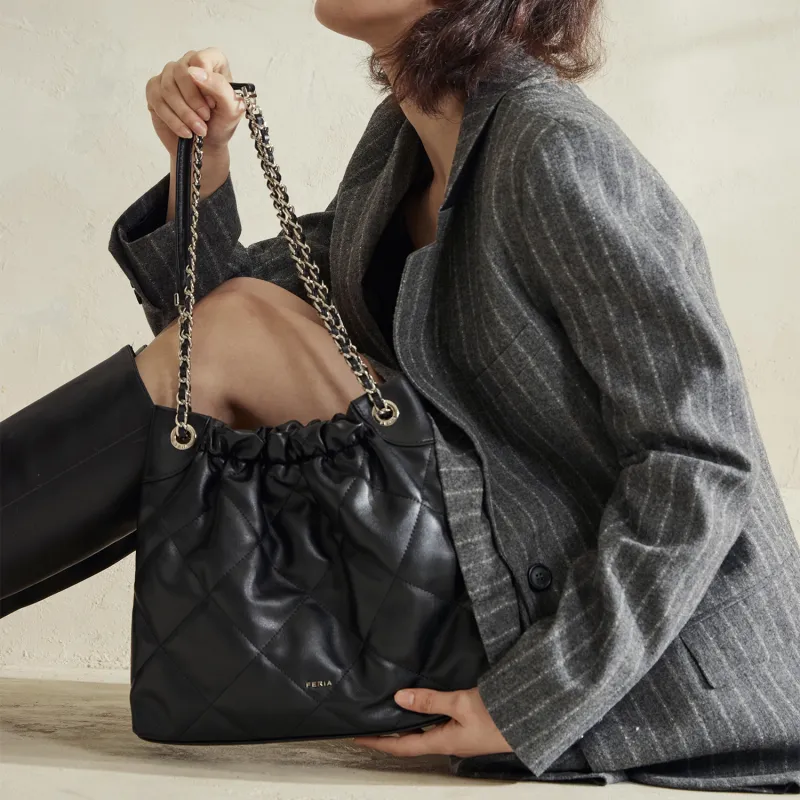 FERIA Cow Leather Diamond Pattern Pocket Shoulder Bag Medium Size Women's Black/Greige-10