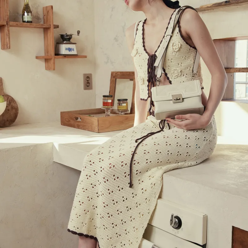 FERIA Split Cow Leather Cream Flap Bag Shoulder Bag Women's Brown/Ecru-14