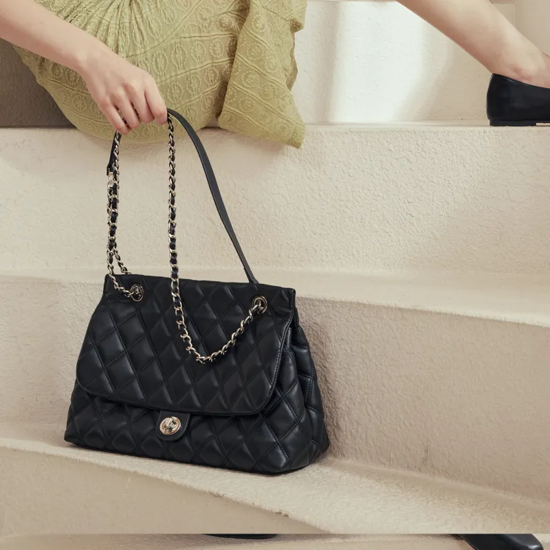 FERIA Natural Cow Leather Diamond Pattern Shopping Bag Shoulder Bag Medium Size Women's Black/Brown/Ecru-8