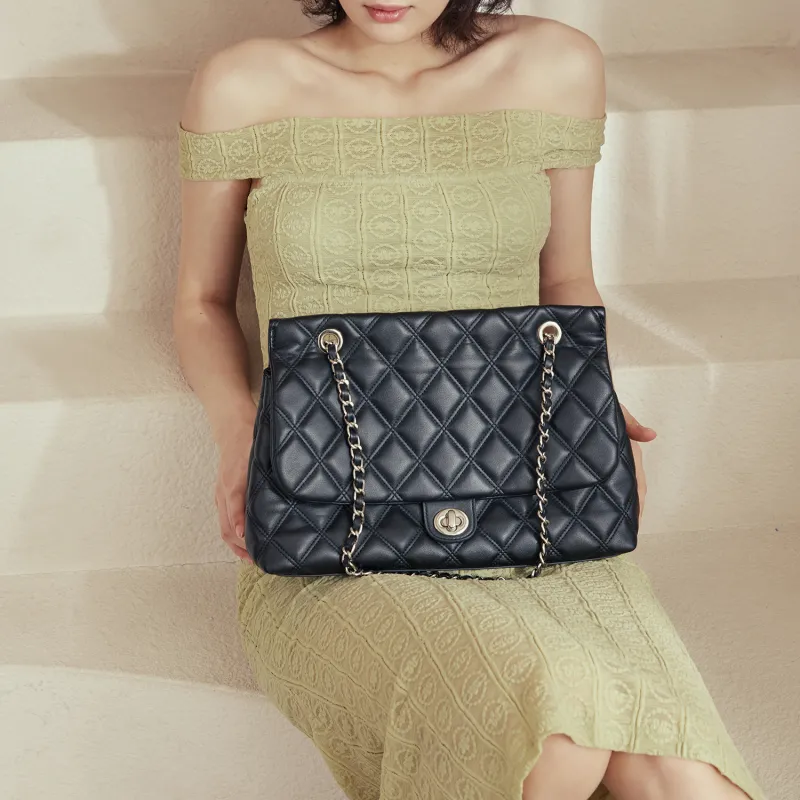 FERIA Natural Cow Leather Diamond Pattern Shopping Bag Shoulder Bag Medium Size Women's Black/Brown/Ecru-6