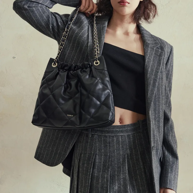 FERIA Cow Leather Diamond Pattern Pocket Shoulder Bag Medium Size Women's Black/Greige-7