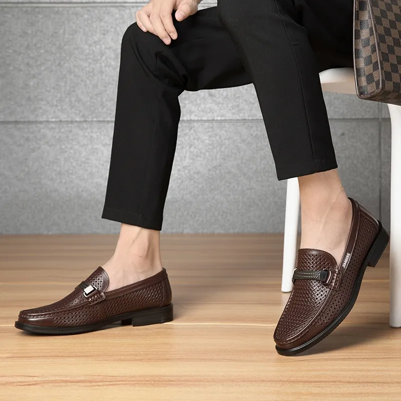 King Jinmai Men's Casual Shoes Men Low Top Black Perforated/Brown Perforated-8