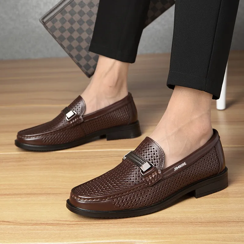 King Jinmai Men's Casual Shoes Men Low Top Black Perforated/Brown Perforated-6