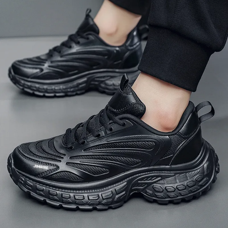 King Jinmai Cushioning Anti Slip Wear Resistant Breathable Height Increasing Low Top Chunky Sneakers Men's Black-1