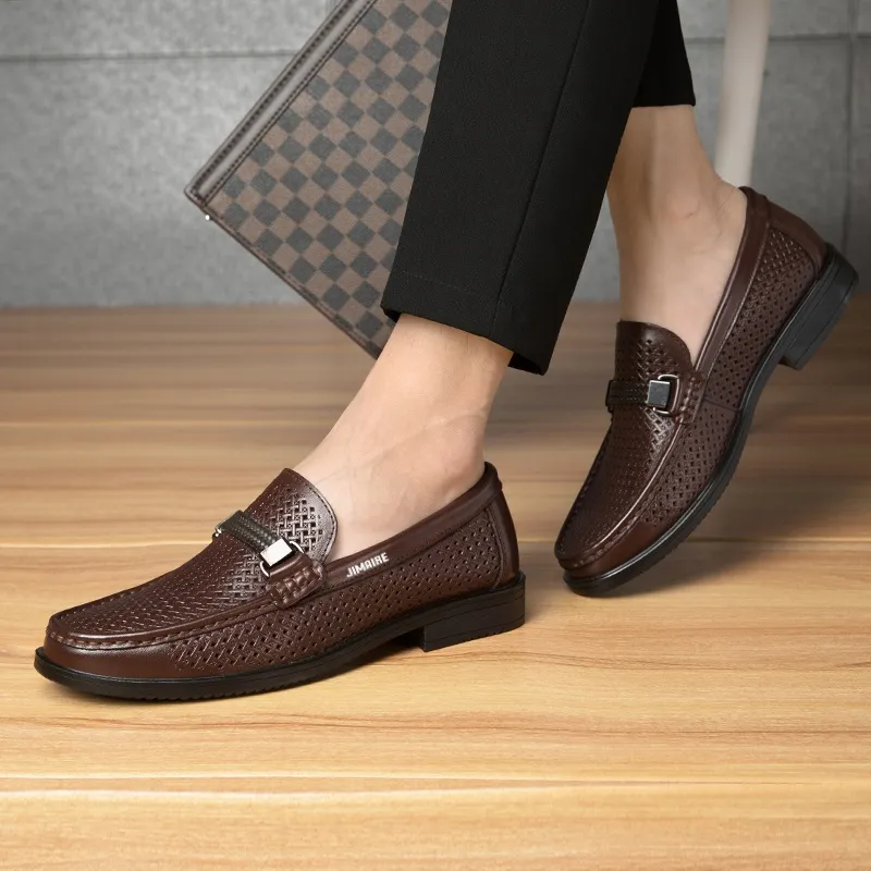 King Jinmai Men's Casual Shoes Men Low Top Black Perforated/Brown Perforated-7