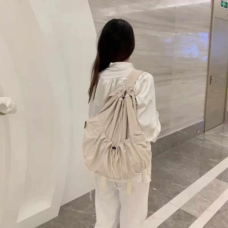 GKY PU Casual Versatile Pleated Backpack Students Unisex Beige/Blue/Black-3