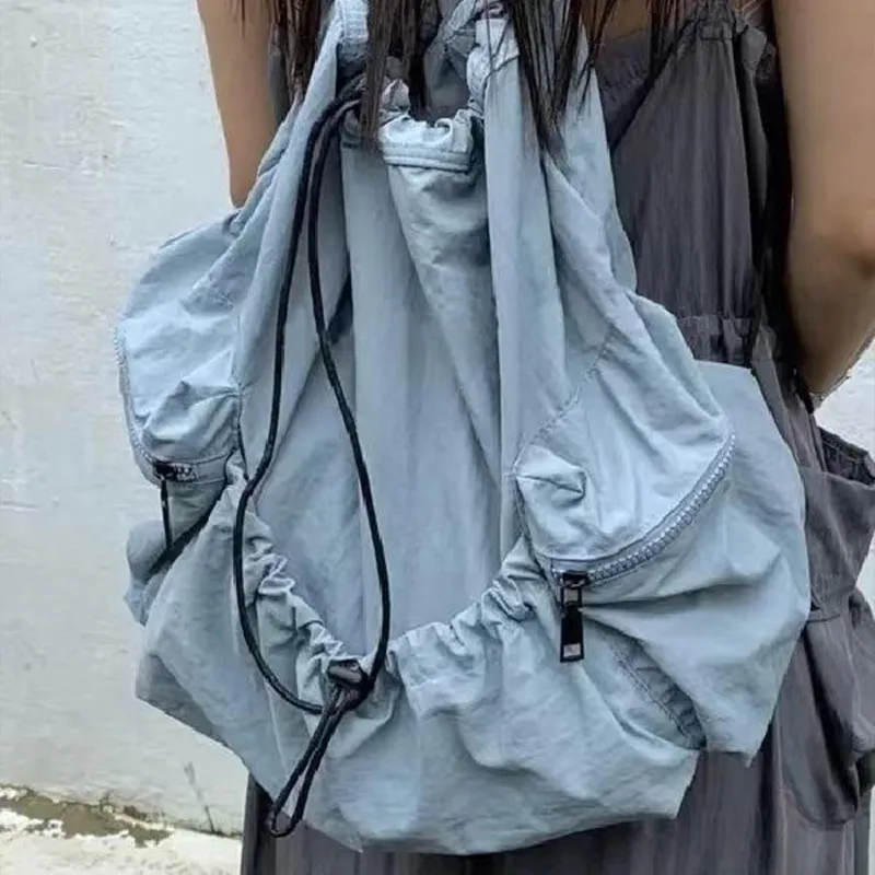 GKY PU Casual Versatile Pleated Backpack Students Unisex Beige/Blue/Black-9