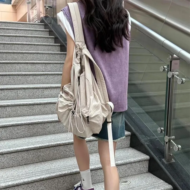 GKY PU Casual Versatile Pleated Backpack Students Unisex Beige/Blue/Black-5