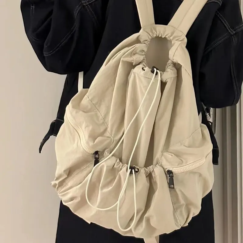 GKY PU Casual Versatile Pleated Backpack Students Unisex Beige/Blue/Black-4