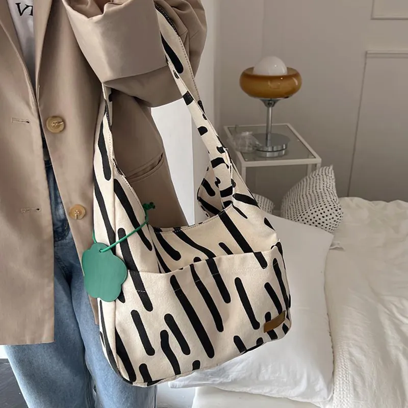 GKY Canvas Bag, Handbag, Shoulder Bag Unisex Ecru Zebra Print-3