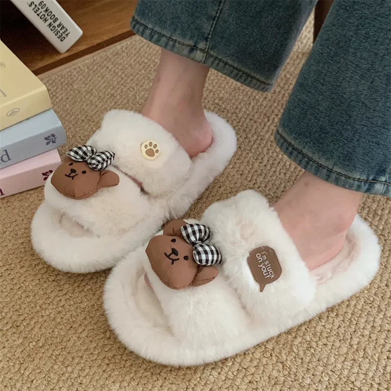 SHIGUDE Cotton Slippers Women's Brown/White-5