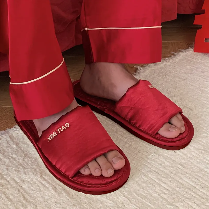 SHIGUDE Cotton Linen Blend Slippers Unisex Red-2