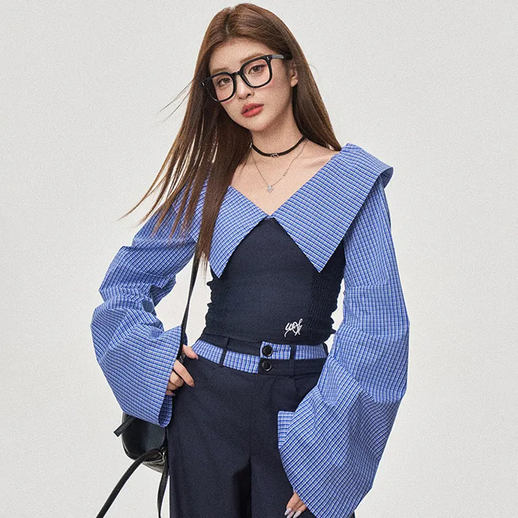 IQC Casual Suit Women's Blue White Top+Navy Blue Pants Two Piece Set Clothing Sets-2