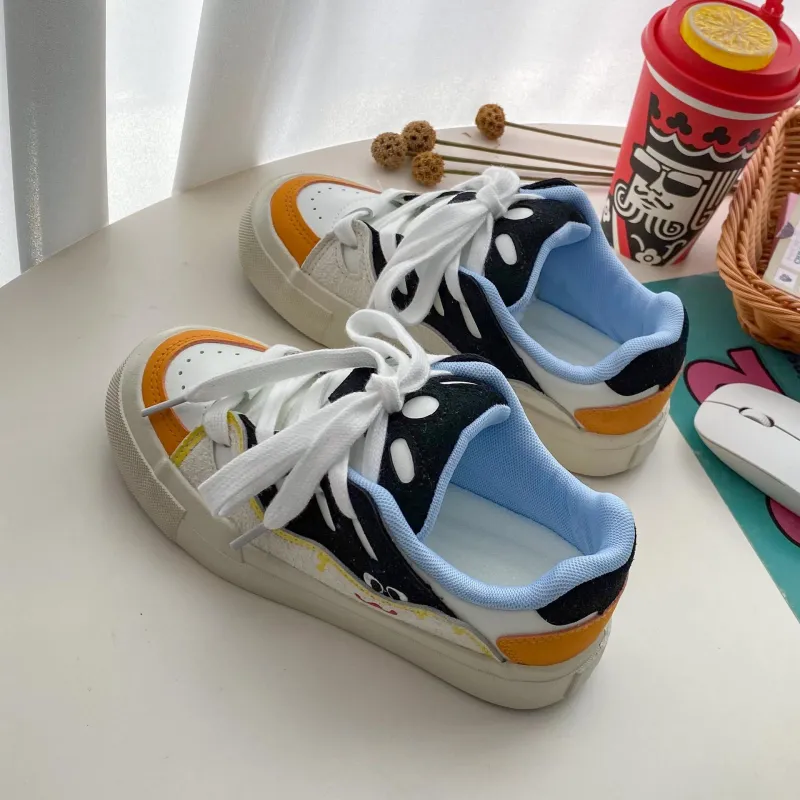 Kalinsd 1971 Anti Slip Wear Resistant Low Top Skateboard Shoes Women's White Black Orange-2