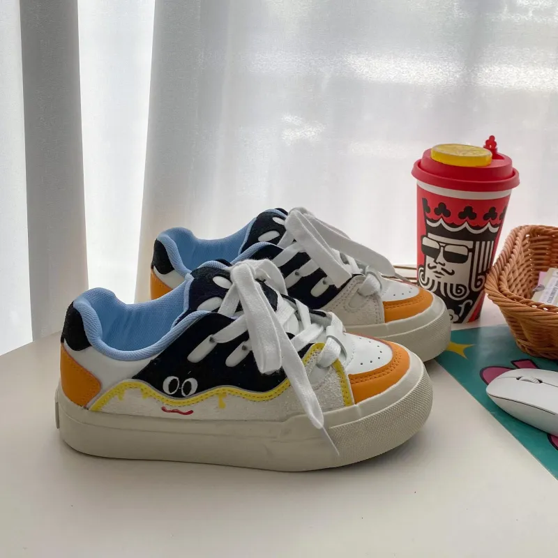 Kalinsd 1971 Anti Slip Wear Resistant Low Top Skateboard Shoes Women's White Black Orange-3