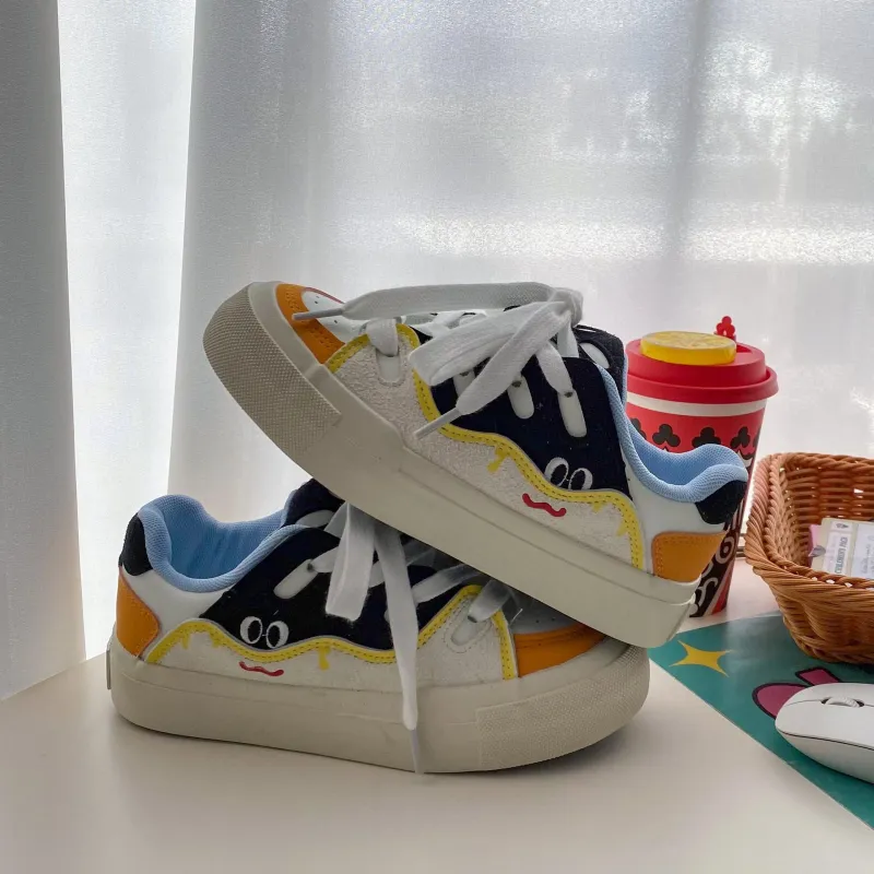 Kalinsd 1971 Anti Slip Wear Resistant Low Top Skateboard Shoes Women's White Black Orange-1