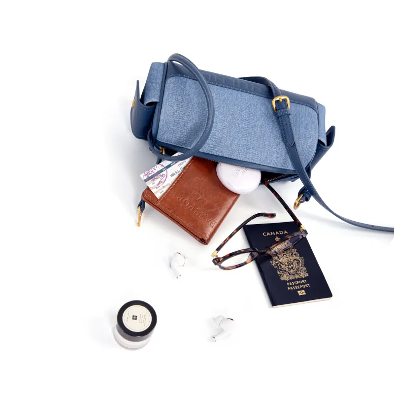 Cthulhu Cow Leather Denim Pen Holder Bag Vintage Elegant Commute Bag, Shoulder Bag Medium Size Women's Blue-3