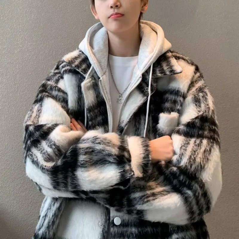 ACUOD BY CHANU Velvet feel Coat Unisex 1Purple Plaid-3