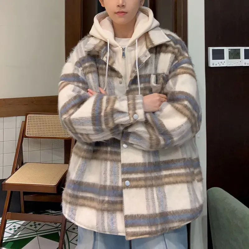 ACUOD BY CHANU Velvet feel Coat Unisex 1Purple Plaid-11