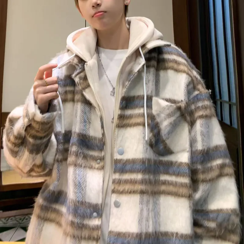 ACUOD BY CHANU Velvet feel Coat Unisex 1Purple Plaid-12