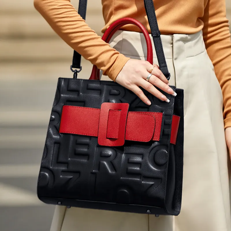 ZOOLER Top Grain Cow Leather Practical Handbag Tubas Women's Black & Red-4