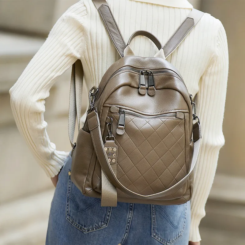 ZOOLER Top Grain Cow Leather Backpack Women's Gray/Coffee-2