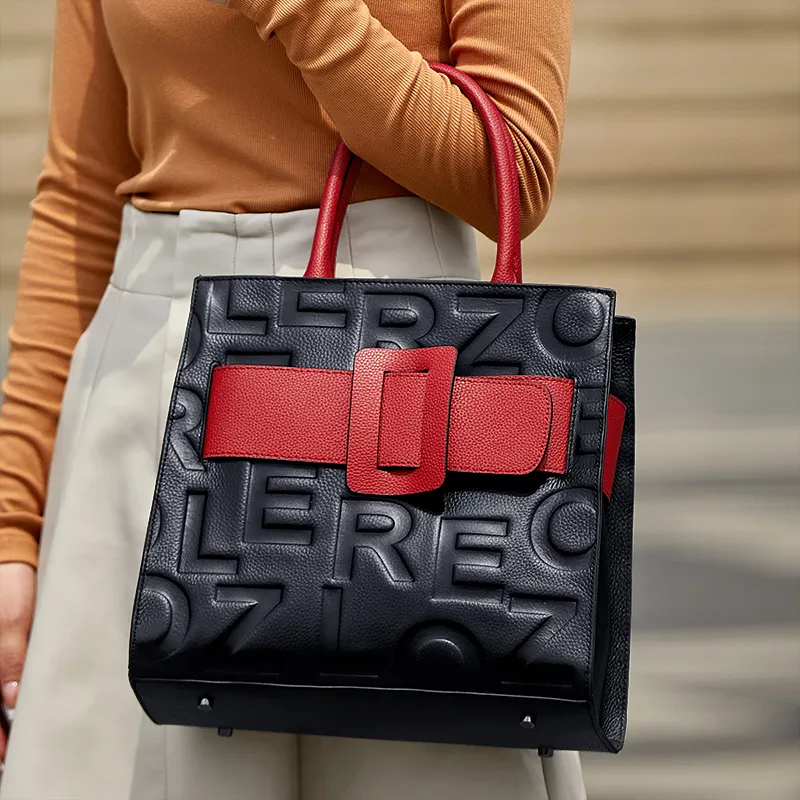 ZOOLER Top Grain Cow Leather Practical Handbag Tubas Women's Black & Red-2