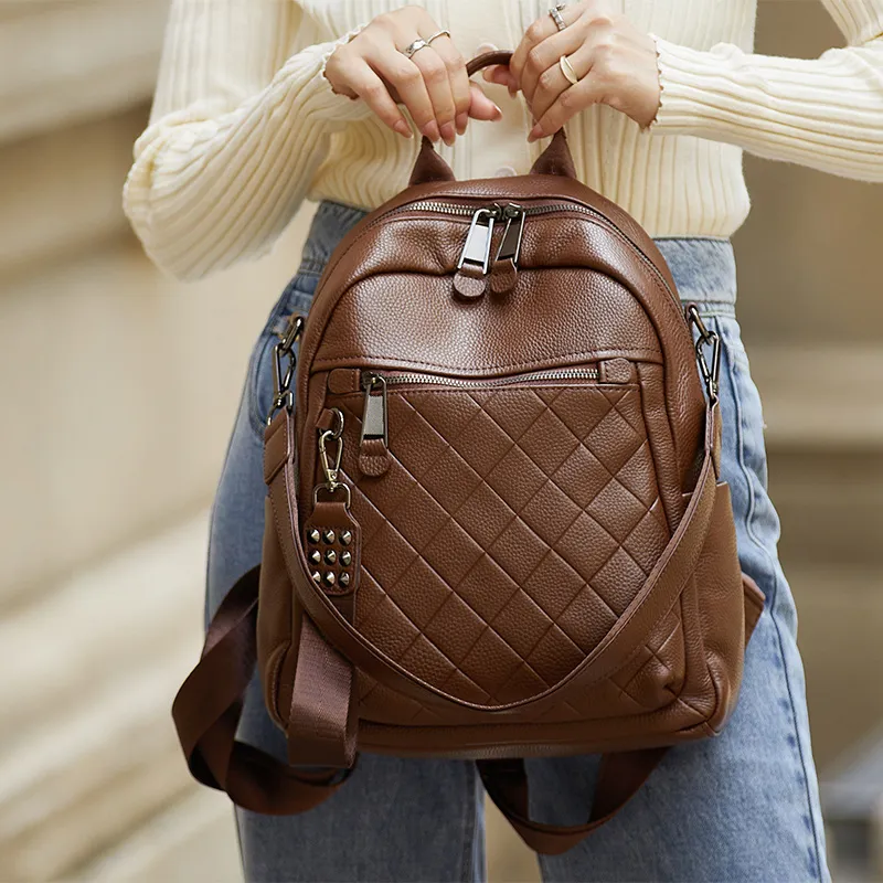 ZOOLER Top Grain Cow Leather Backpack Women's Gray/Coffee-9