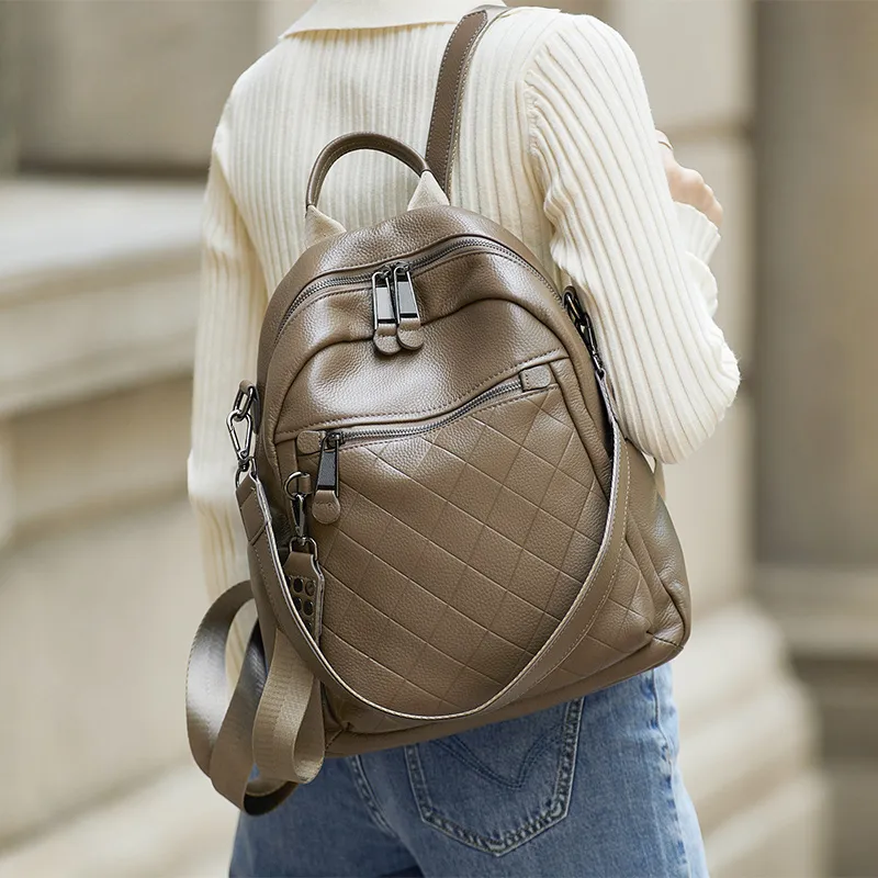 ZOOLER Top Grain Cow Leather Backpack Women's Gray/Coffee-1