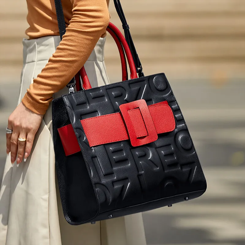 ZOOLER Top Grain Cow Leather Practical Handbag Tubas Women's Black & Red-3
