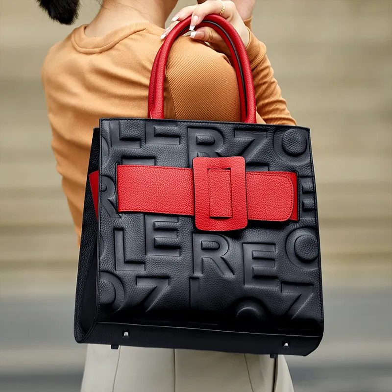 ZOOLER Top Grain Cow Leather Practical Handbag Tubas Women's Black & Red-1