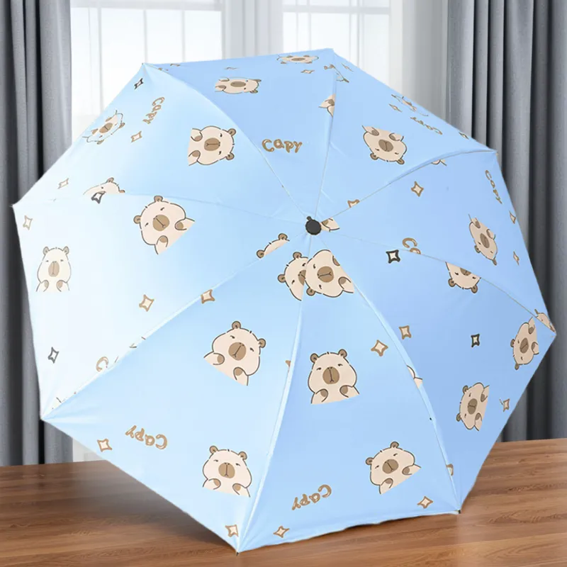 Ferrant Capybara Cute Umbrella Cartoon Folding Umbrella Sunny And Rainy Dual Use Sun Protection Black Rubber Umbrella-4